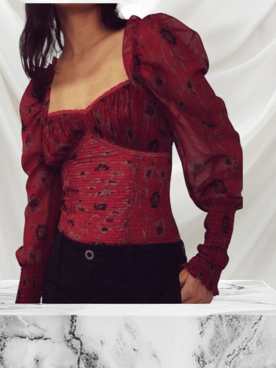 Free People Tops - FREE PEOPLE BRUNCH DATE FLORAL PUFF SLEEVE BODYSUIT MERLOT XS